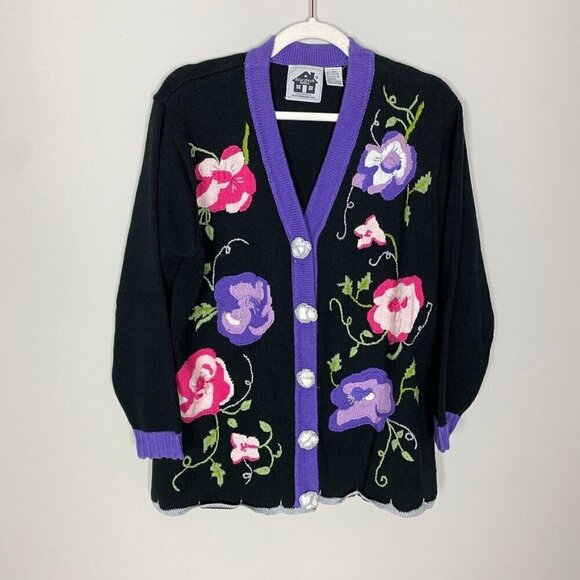 Storybook Knits Floral Cardigan Sweater Teacher Grandma Womens L Easter Spring - Picture 1 of 6